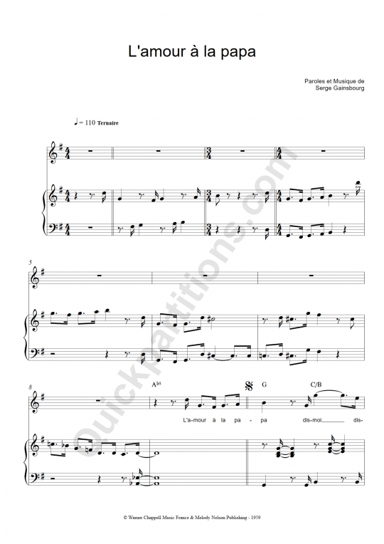 Partition piano L'amour à la papa - Serge Gainsbourg