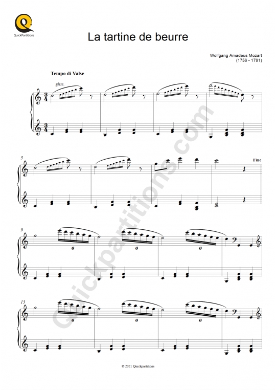 La tartine de beurre Piano Sheet Music - Wolfgang Amadeus Mozart