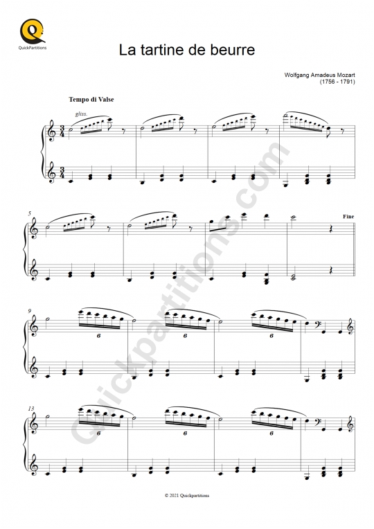 La tartine de beurre Piano Sheet Music - Wolfgang Amadeus Mozart