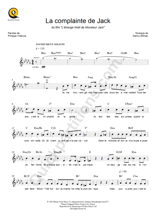 Partition pour Instruments Solistes La complainte de Jack - L'étrange Noël de Monsieur Jack