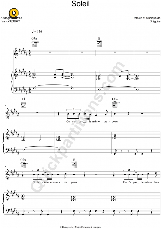 Partition piano Soleil - Gregoire
