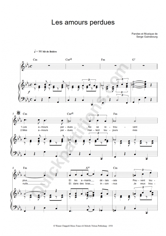 Partition piano Les amours perdues - Serge Gainsbourg