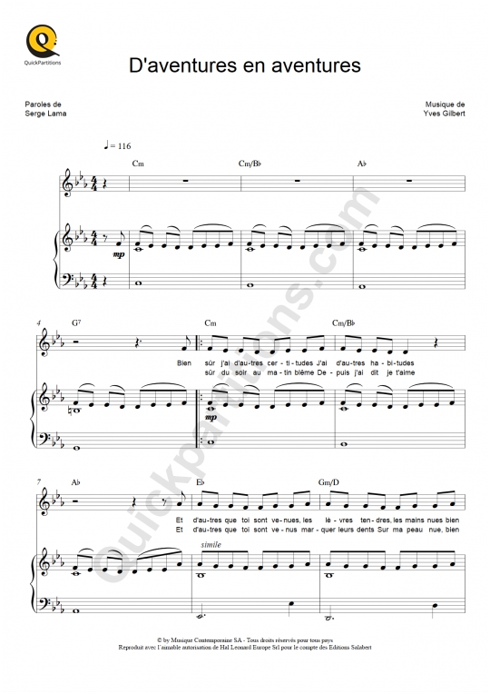 D'aventures en aventures Piano Sheet Music - Serge Lama