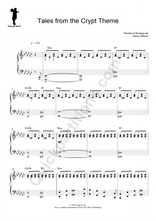 Partition piano facile Les Contes de la Crypte (Thème) - Galagomusic