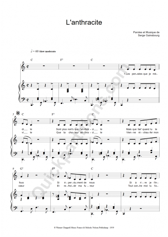 Partition piano L'anthracite - Serge Gainsbourg