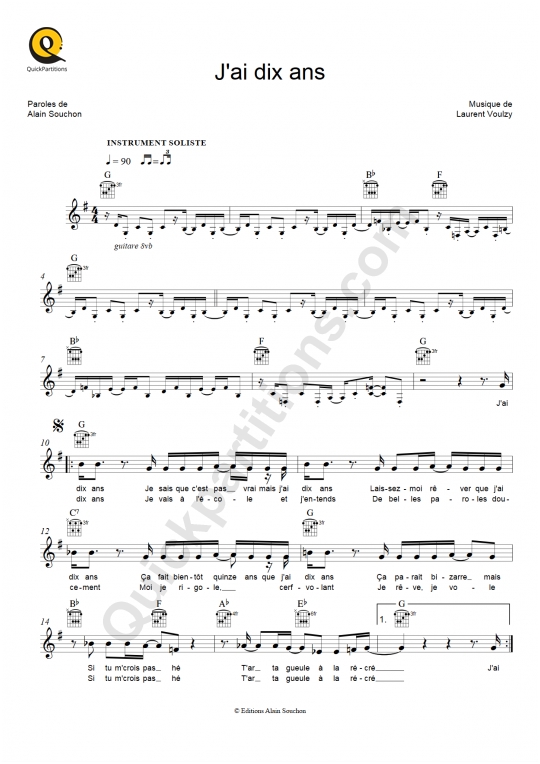 Partition pour Instruments Solistes J'ai dix ans - Alain Souchon