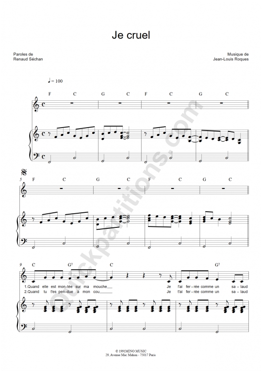 Partition piano Je cruel - Renaud