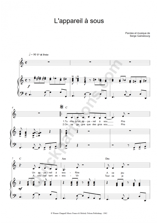 Partition piano L'appareil à sous - Serge Gainsbourg
