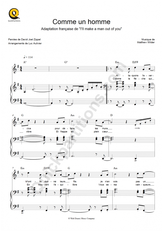 Partition piano Comme un homme - Mulan