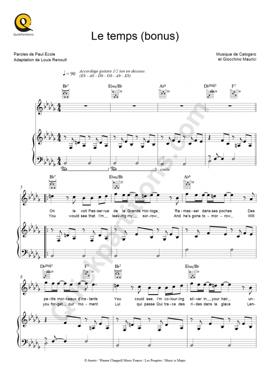 Partition piano Le temps (bonus) ft Rufus Wainwright - Calogero