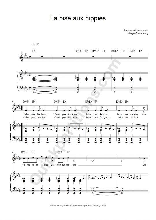 Partition piano La bise aux hippies - Serge Gainsbourg