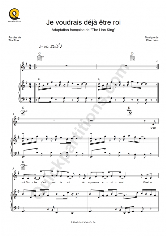 Je voudrais déjà être roi Piano Sheet Music - Le Roi Lion