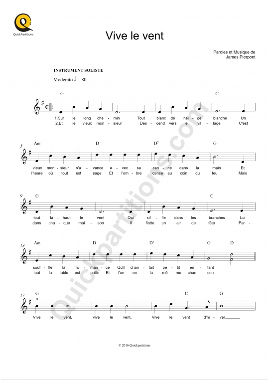 Partition pour Instruments Solistes Vive le vent (Jingle Bells) - Noël