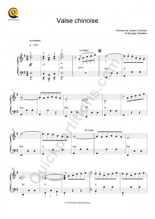 Valse chinoise Accordion Sheet Music - André Verchuren