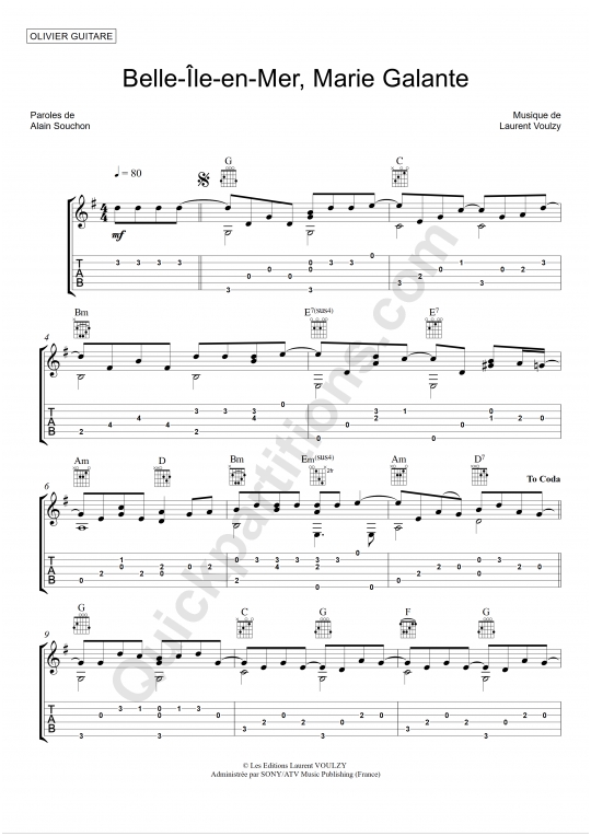 Tablature Guitare Belle Ile en Mer, Marie Galante - Olivier Gaucher