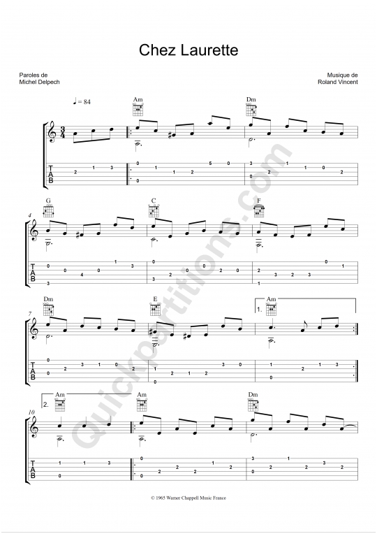 Tablature Guitare Chez Laurette - Olivier Gaucher