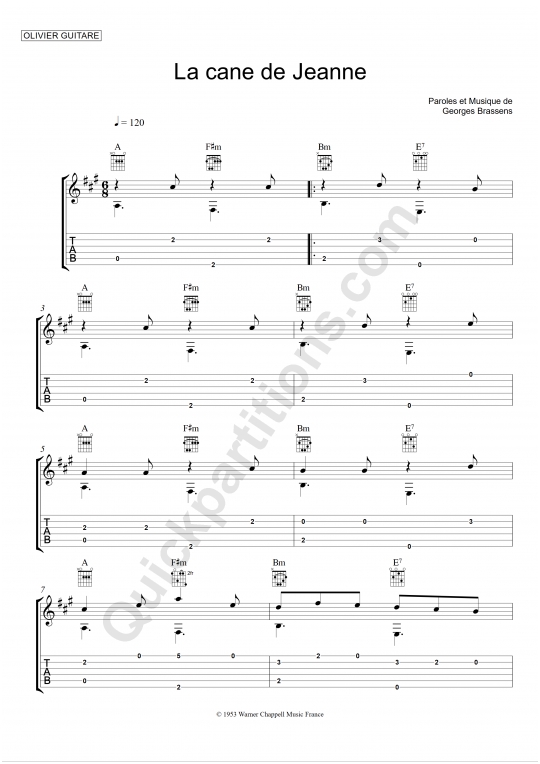 Tablature Guitare La cane de Jeanne - Olivier Gaucher