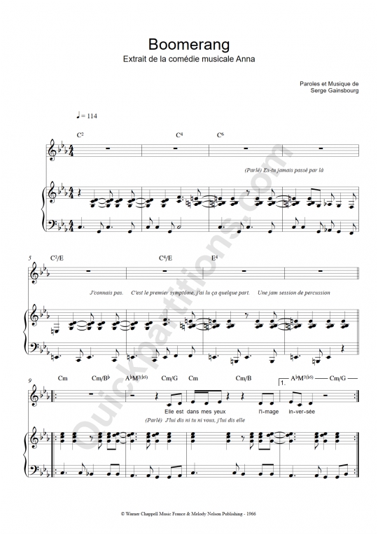 Partition piano Boomerang - Serge Gainsbourg