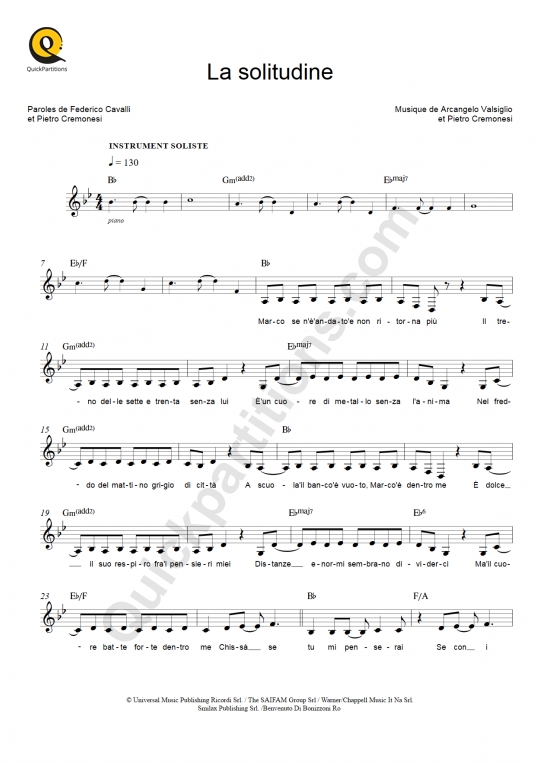 Partition pour Instruments Solistes La solitudine - Laura Pausini