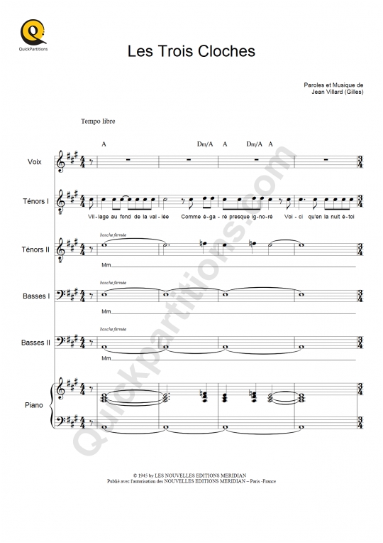 Les Trois Cloches Choir Sheet Music - Edith Piaf