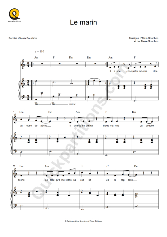 Le marin Piano Sheet Music - Alain Souchon