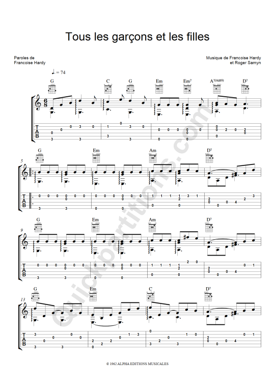 Tablature Guitare Tous les garçons et les filles - Olivier Gaucher