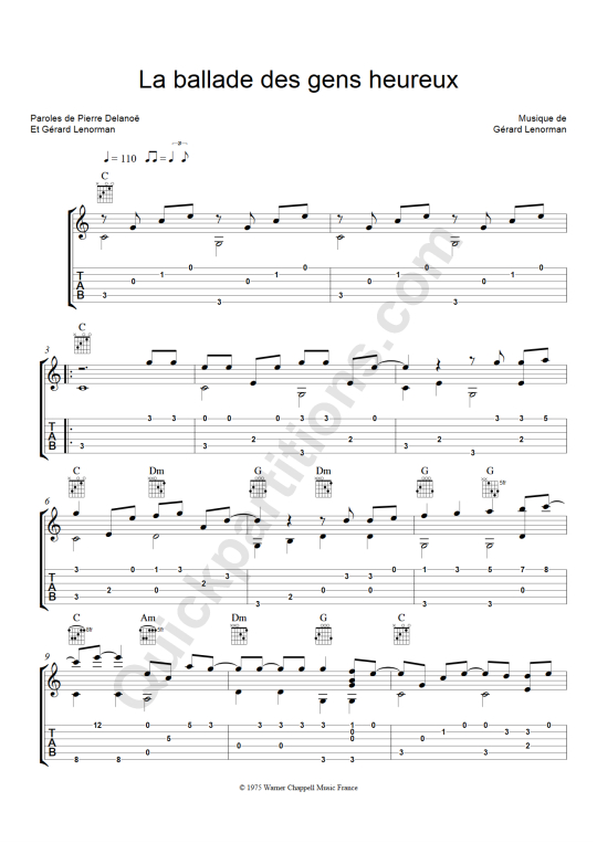 Tablature Guitare La ballade des gens heureux - Olivier Gaucher