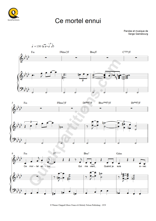 Partition piano Ce mortel ennui - Serge Gainsbourg