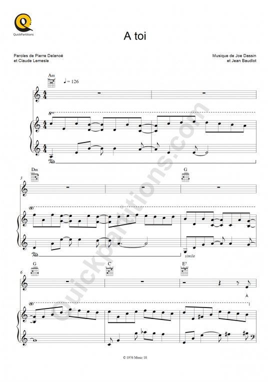 A toi Piano Sheet Music - Joe Dassin