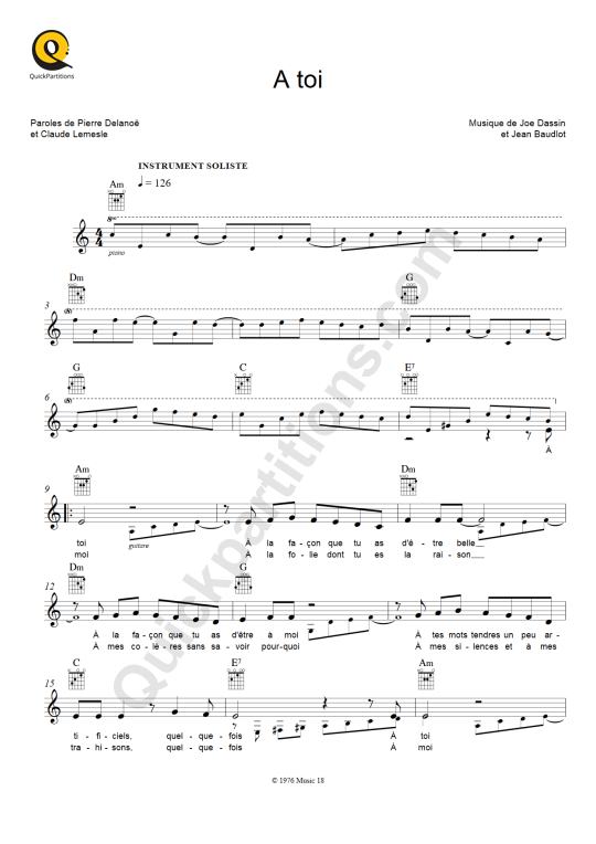 Partition pour Instruments Solistes A toi - Joe Dassin