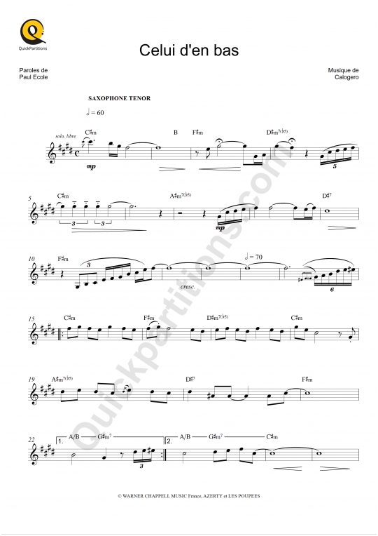 Celui d'en bas Tenor Saxophone Sheet Music - Calogero