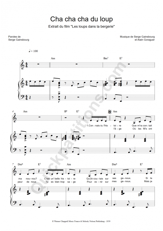 Partition piano Cha cha cha du loup - Serge Gainsbourg
