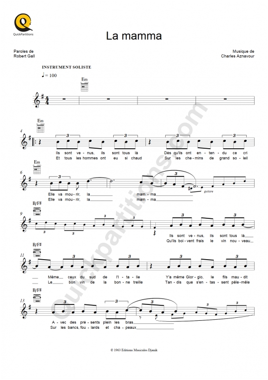 Partition pour Instruments Solistes La mamma - Charles Aznavour
