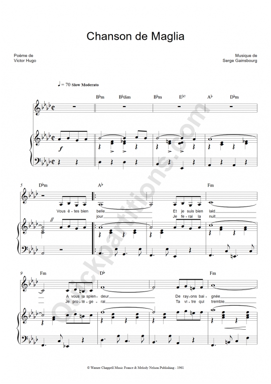 Partition piano Chanson de Maglia - Serge Reggiani