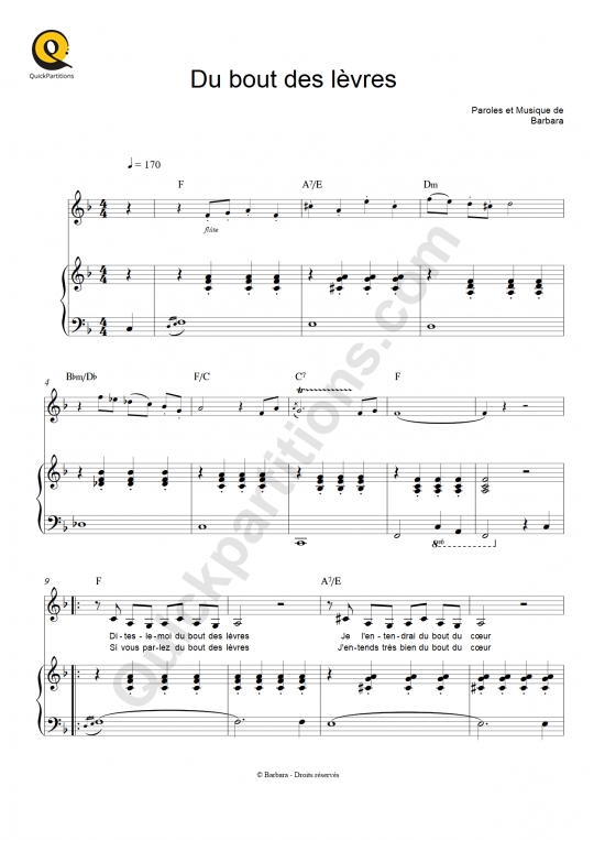 Partition piano Du bout des lèvres  - Barbara