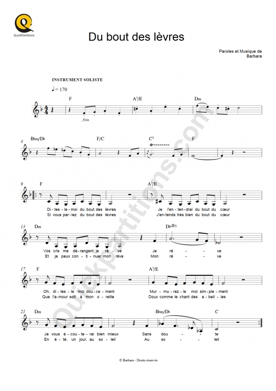 Du bout des lèvres  Leadsheet Sheet Music - Barbara