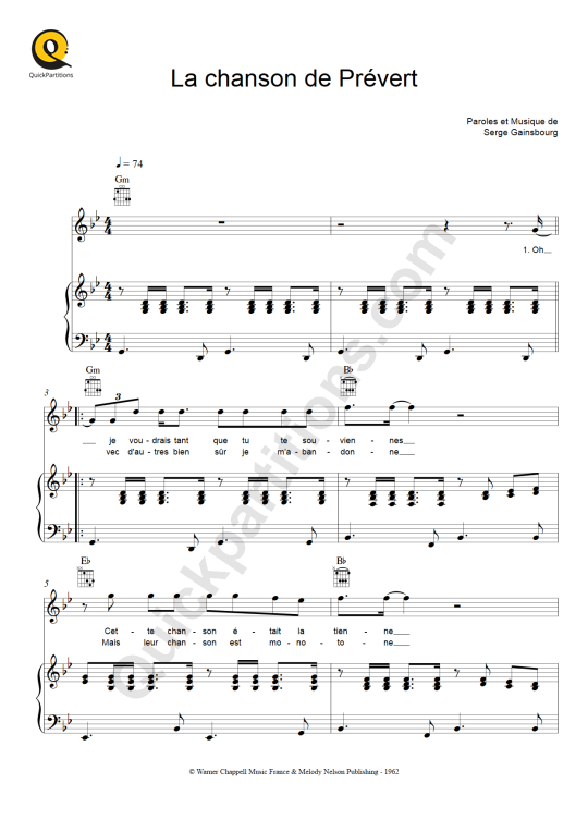Partition piano La chanson de Prévert - Serge Gainsbourg