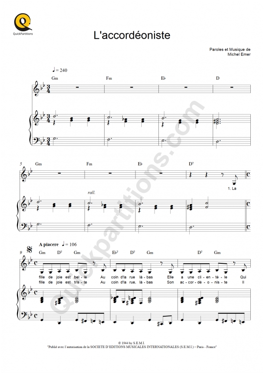 L'accordéoniste Piano Sheet Music - Edith Piaf