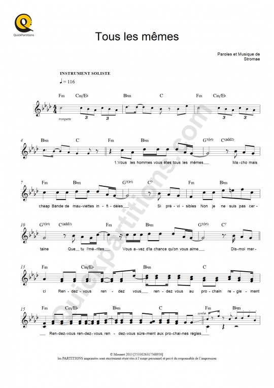 Tous les mêmes Leadsheet Sheet Music - Stromae