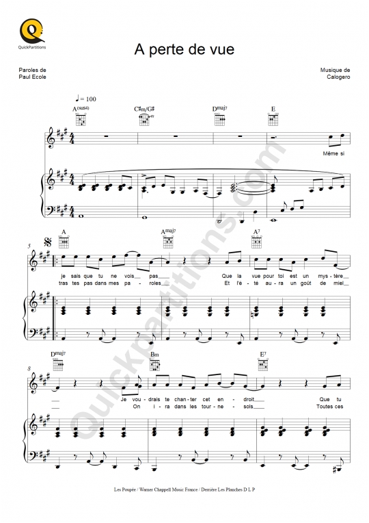 A perte de vue Piano Sheet Music - Calogero
