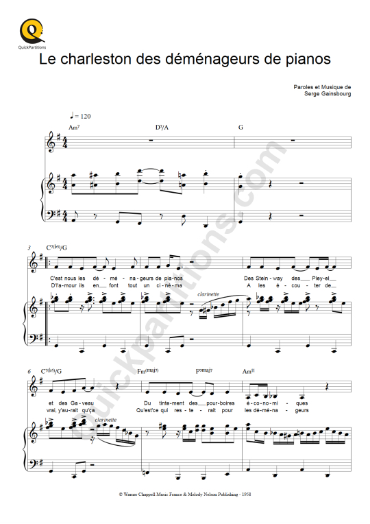 Partition piano Le charleston des déménageurs de pianos - Serge Gainsbourg