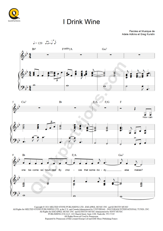 Partition piano I Drink Wine - Adele