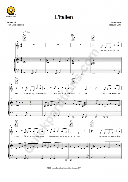 L'italien Piano Sheet Music - Serge Reggiani