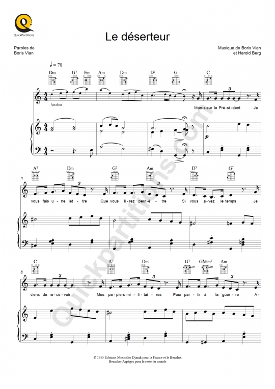 Partition piano Le déserteur - Boris Vian