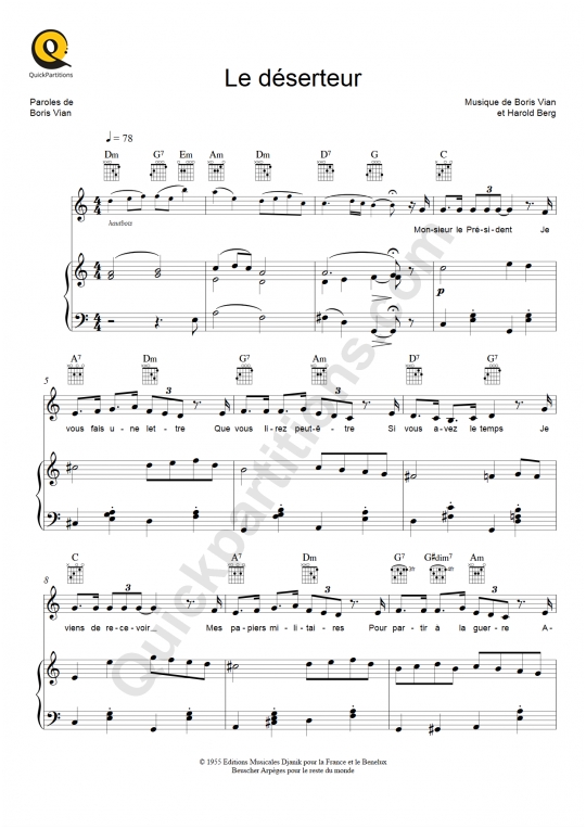 Le déserteur Piano Sheet Music - Boris Vian