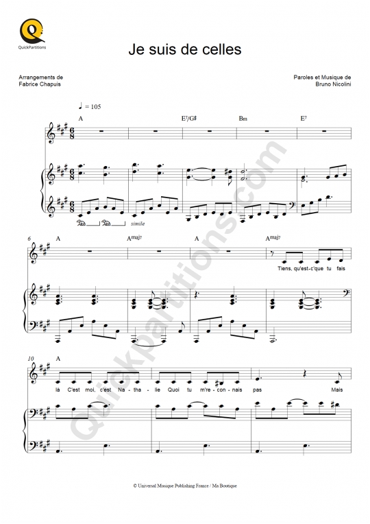Partition piano Je suis de celles - Bénabar