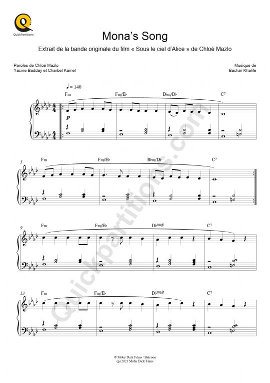 Partition piano Mona's Song - Bachar Mar-Khalifé