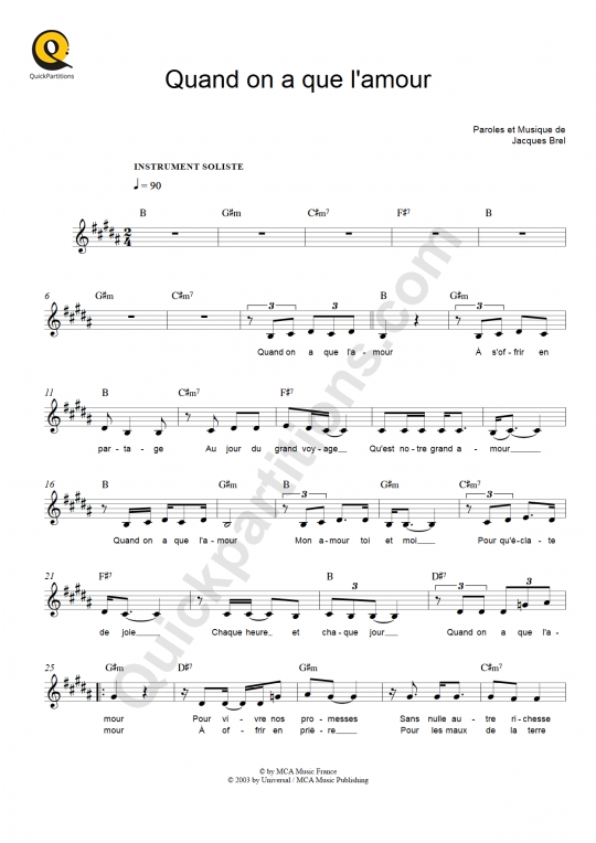 Quand on a que l'amour Leadsheet Sheet Music - Jacques Brel