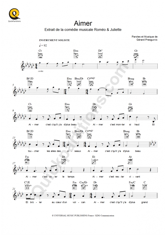 Aimer Leadsheet Sheet Music - Romeo et Juliette