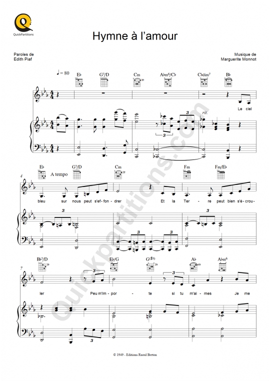 Partition piano Hymne à l'amour - Edith Piaf